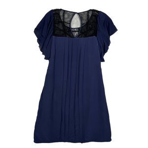 Jenny Han Dress Womens Small Blue Black Lace Shift Pleated Silk Date Night Party